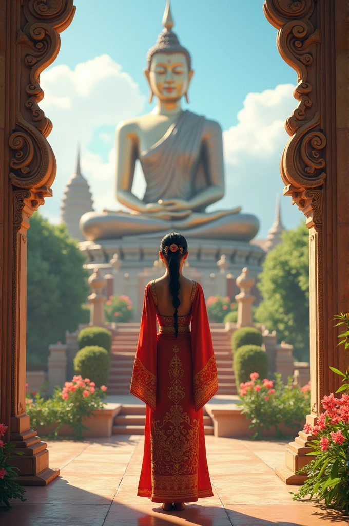 មាននារីម្នាក់ស្លៀកសំលៀកបំពាក់បុរាណខ្មែរ ឈរសំពះនៅមុខរូបសំណាក់របស់ព្រះអង្គព្រះពុទ្ធ នៅក្នុងបរិវេណវត្ត ដែលមានផ្ទៃមេឃជះពន្លឺ មានហំពណ៌ទៅដោយសួនផ្កា