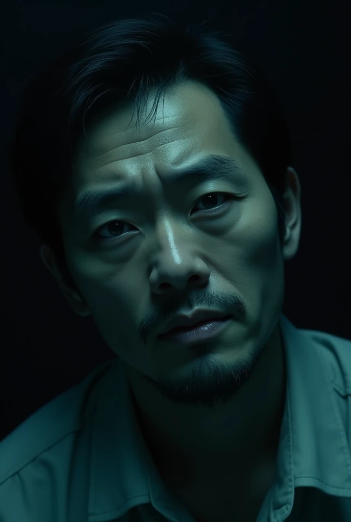 A man sunk to the bottom of deep water is drawn with the light removed from his eyes, his expression is slightly close up, and he is a Japanese man. The background is dark and based on black.、Eyes open, expression of despair