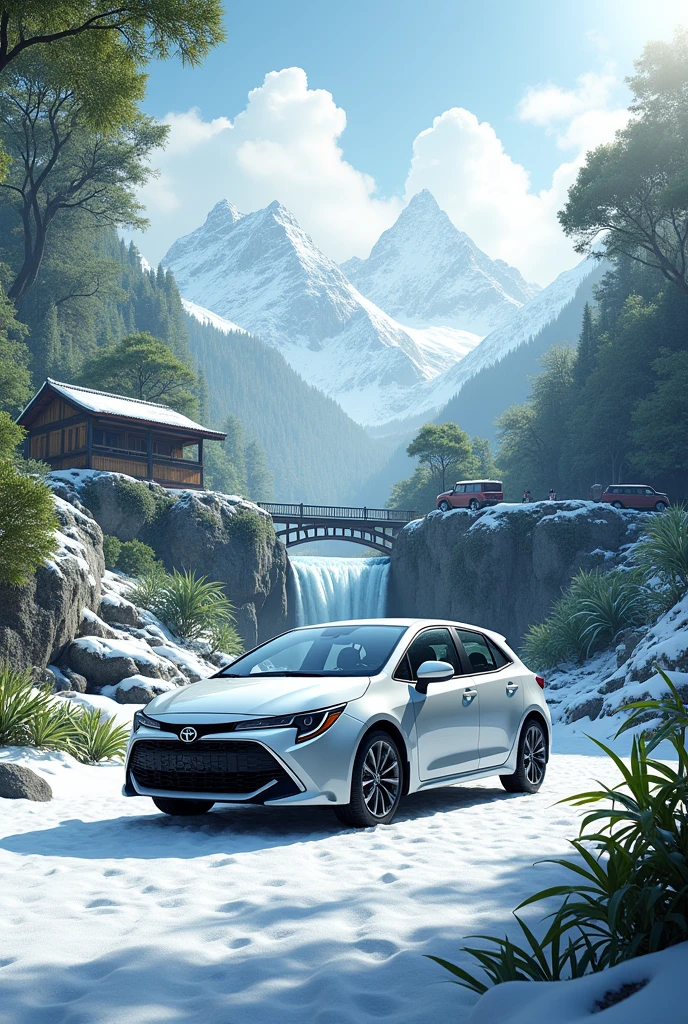 Corolla in snow with mountains tiger jungle waterfall bunglow bike land cruiser bridge 
