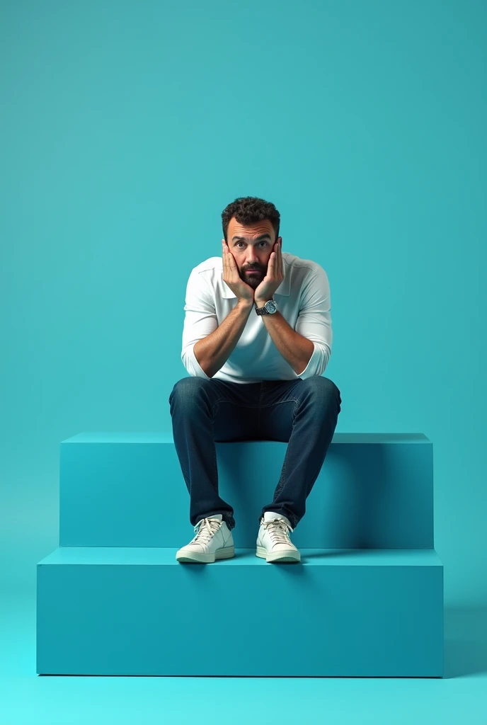 Man sitting on a turquoise blue piece of furniture with space at the bottom and his hands on his head to make it look real 
