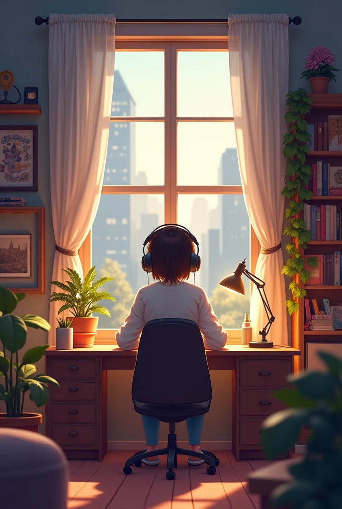 "Create an image featuring
a character sitting at a desk
with headphones on, in a cozy
room with warm lighting. The
room should have elements
such as books, decorations,
and a window showing either
a cityscape or nature.
The atmosphere should be
calm and inviting, suitable for
studying or relaxing. Include
soft shadows to enhance the
warmth of the scene." In landscape