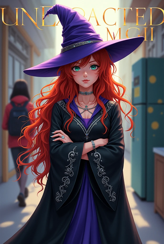 The cover art for "Unexpected Magic" would present a striking contrast between the colliding worlds of fantasy and mundane. In the foreground, Braelyn stands proudly with her arms crossed, wearing a long, flowing black robe with intricate silver embroidery depicting various magical symbols. Her fiery red hair cascades down her back in wild, untamed curls that seem to have a life of their own, matching the fierce determination in her emerald green eyes. On her head, a pointed hat adorned with more mystical symbols rests atop her unruly mane. The hat is a deep, royal purple that adds a touch of vibrant contrast against the dark tones of Braelyn's robes. Her slender fingers, tipped with sharp, elongated nails, are adorned with several rings of sparkling gemstones that cast small rainbows in the light. Behind Braelyn in the background, a blurred silhouette of Paula can be seen going about her daily routine—walking to school, carrying a backpack, or perhaps standing in front of her refrigerator. Paula’s appearance is intentionally softer and less defined to represent the ordinary high school student that she is, contrasting with Braelyn’s bold and magical presence. The title “Unexpected Magic” is written in bold, cursive across the top of the cover, with the words “Unexpected” and “Magic” highlighted in shiny gold and silver, respectively, evoking the enchanting and unpredictable nature of their cohabitation. Do it anime style