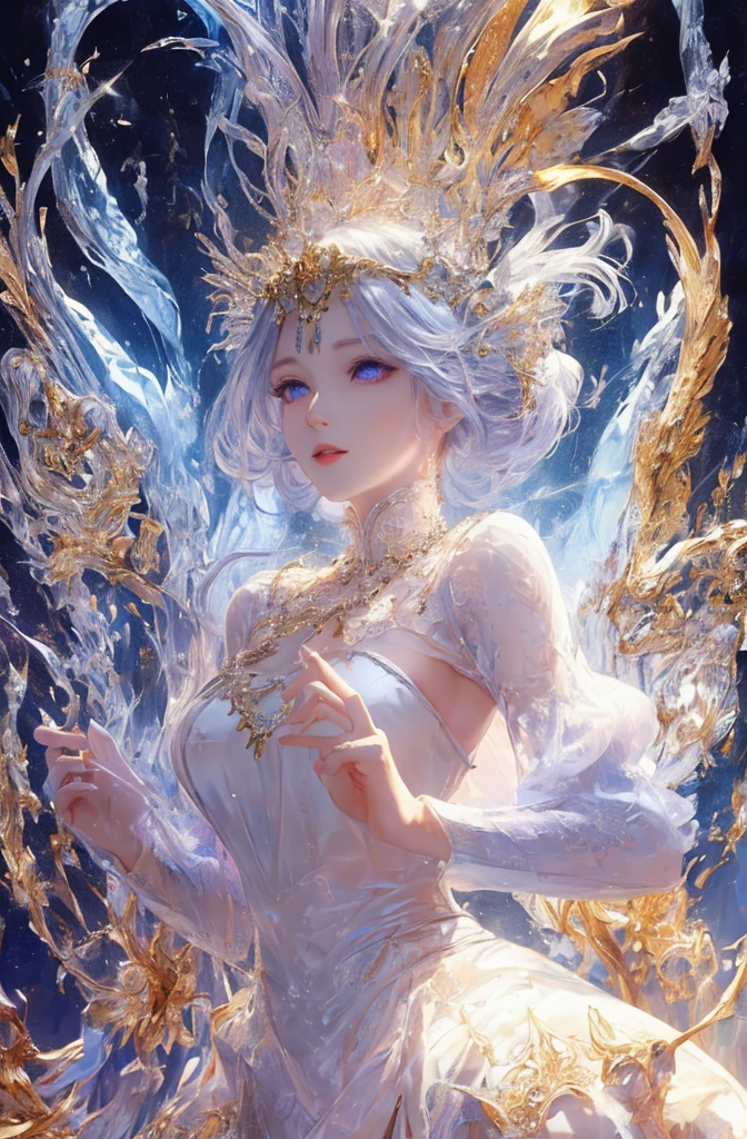 You can see the castle、Looking at the camera、The face is front、profile、8k、realphoto、超A high resolution, Master Parts, Best Quality, nffsw , cinematic images,Lovely girl、Ann、16 only、Annグロサクソン、double eyelid、drooing eyes、Very big eyes、Eyes purple、Dark eye shadow、The lips are very thin、The tip of the nose stretches beautifully.........................................、the tip of the nose is small,,,,, ighly detailed , Silver hair、Straight short hair、ssmile、 Sweet look 、a very beautiful woman、legs are long、 Very clear shadows , jewely , A sexy , A detailed eye, very intricate, shiny skins , パーフェクトブリリAnnト, Perfect Lighting, Dramatic shadows、White tiara on head、Gold necklace around the neck、White aristocratic dress with gold embroidery、