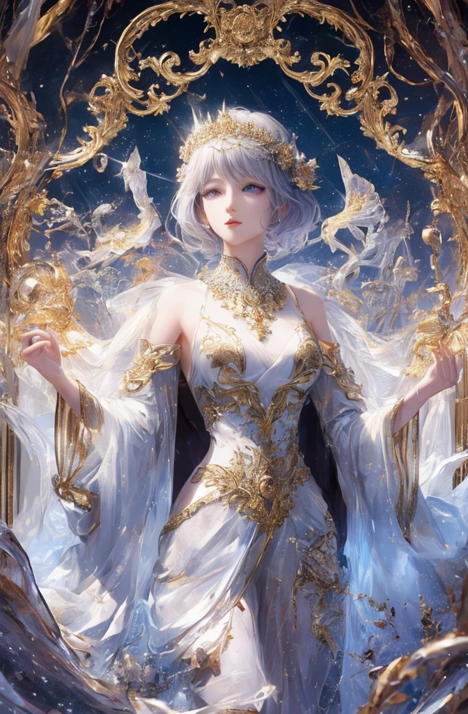 You can see the castle、Looking at the camera、The face is front、profile、8k、realphoto、超A high resolution, Master Parts, Best Quality, nffsw , cinematic images,Lovely girl、Ann、16 only、Annグロサクソン、double eyelid、drooing eyes、Very big eyes、Eyes purple、Dark eye shadow、The lips are very thin、The tip of the nose stretches beautifully.........................................、the tip of the nose is small,,,,, ighly detailed , Silver hair、Straight short hair、ssmile、 Sweet look 、a very beautiful woman、legs are long、 Very clear shadows , jewely , A sexy , A detailed eye, very intricate, shiny skins , パーフェクトブリリAnnト, Perfect Lighting, Dramatic shadows、White tiara on head、Gold necklace around the neck、White aristocratic dress with gold embroidery、