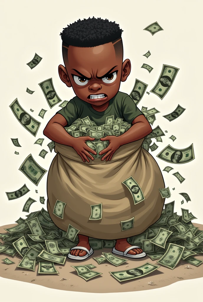 black child low side hair military style hair. no earring angry face holding a big bag of money, as if he couldn't handle all the money and money falling on the floor and running around wearing white flip-flops
