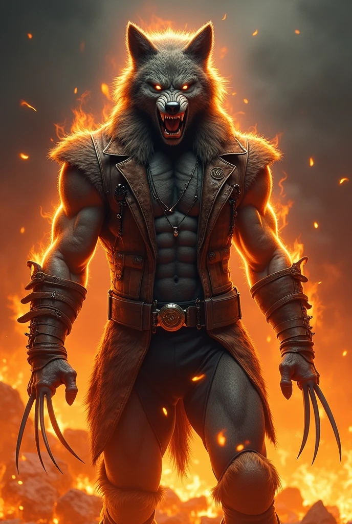 A man as a wolf in a wolverine costume with fire behind him 