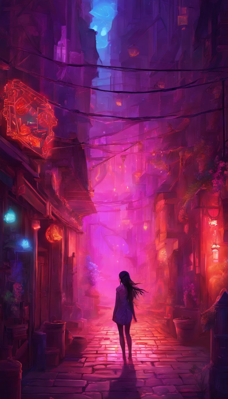alley, cyberpunk, evening, neon, neon signs, light steam, dim lighting, purple and red,
