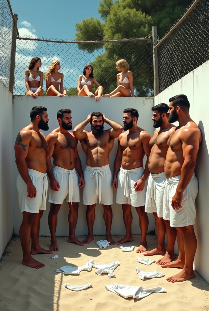 Five strong, muscular, hairy, bearded, mixed race Brazilian men wearing white bath towels with their hands raised behind their heads being searched by two police officers in a fenced-in area with a white wall, Sandy ground, a big tree in the background. Underwear on the floor. Two girls sitting on the wall watching.