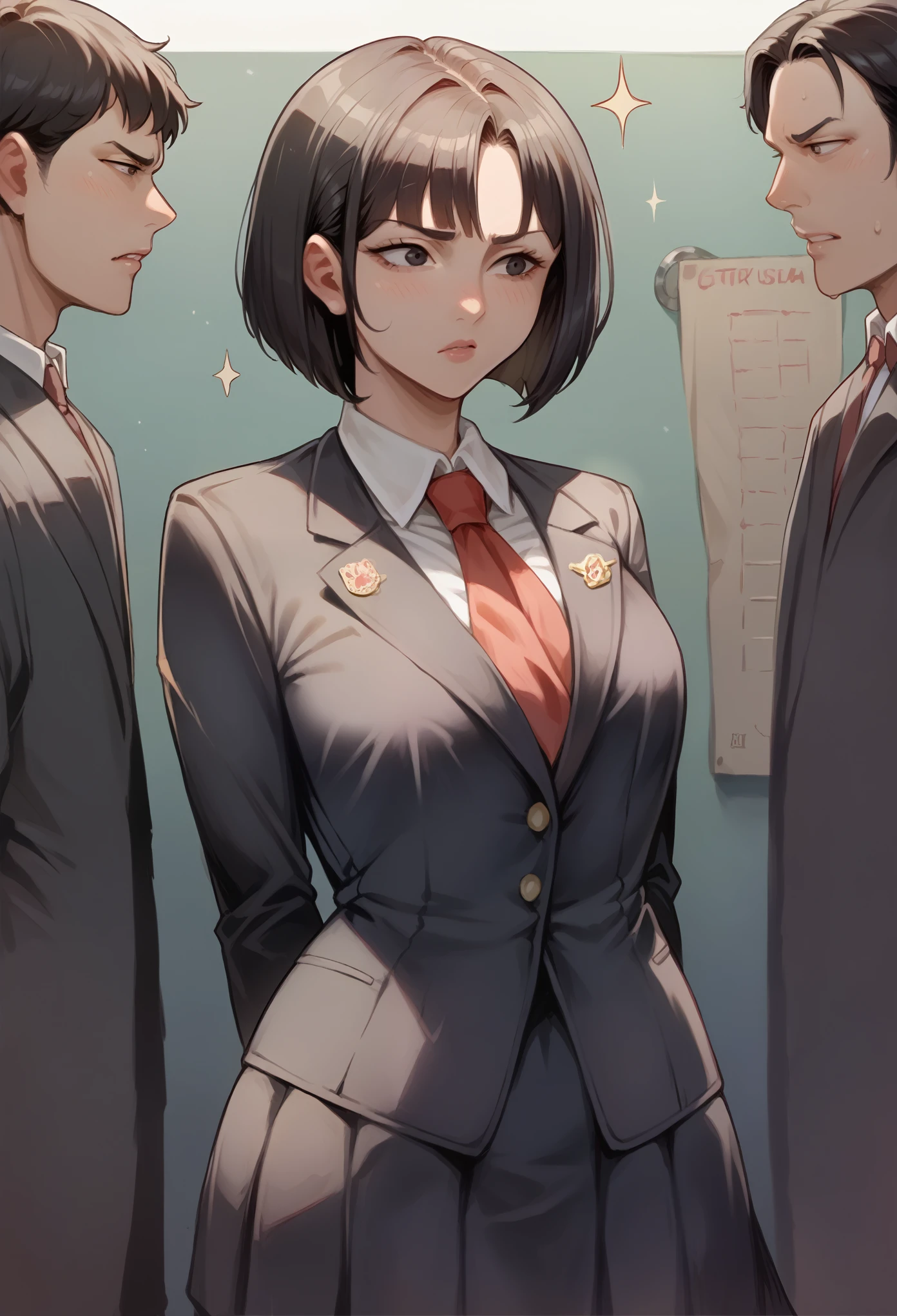 A mathematics teacher with short black hair, standing in a dark suit over her school uniform. She faces the camera with a stern, no-nonsense expression. Her posture is straight and imposing, with her hands behind her back, as if ready to enforce discipline. Her sharp eyes seem to evaluate every detail, expecting nothing less than perfection.