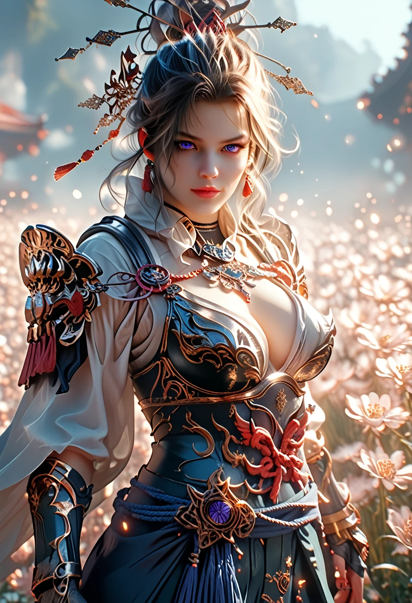 Anime Girl 1,sexual, beautiful, holding a katana in his hand , hkwarrior, bright colors,shine, Two hair colors, Clear drawing of details, masterpiece, maximum of ideal qualities, Average beautiful Breasts, Body parts are visible, textile, Small armor, Black Mystical Background, Detailed drawing of the entire painting, maximum details, Flowers Purple Shine, water,EMOTIONS, ultra detail, High Quality Resolution, Maximum Accurate Drawing, Epic Picture, dynamic shadows, Fantasy, Warrior Courage, score_9,score_8_up,score_7_up,dramatic lighting,highly detailed,high budget,bokeh,cinemascope,moody,epic,gorgeous,film grain,grainy,masterpiece,best quality,perfect anatomy,very aesthetic,official art,8k,