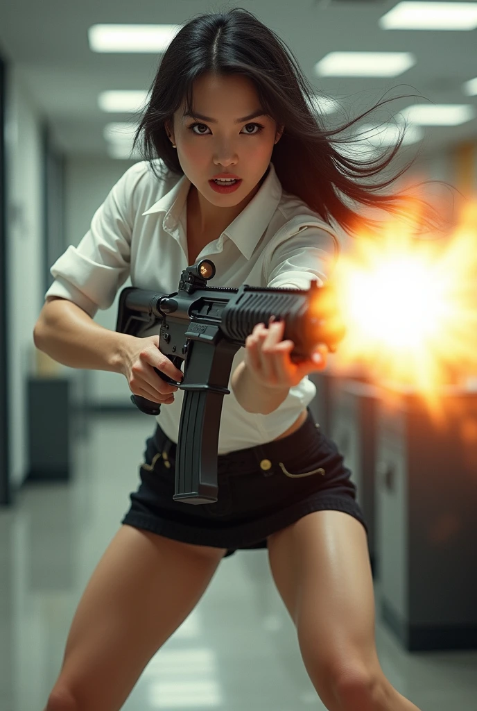 beautiful chinese office lady white shirt mini skirt realistic machine gun toting hip firing real person legs apart standing rampage shooting side facing angry expression


