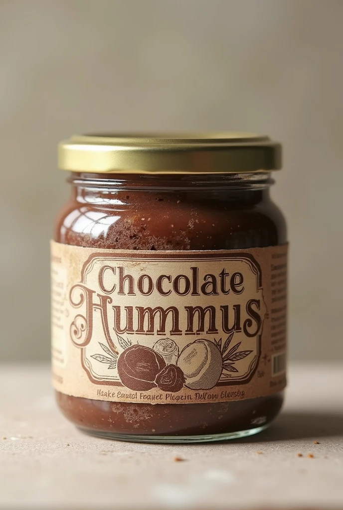 Create an image of a chocolate hummus container that is tin-type and has a creative label in front of it that is covered..
