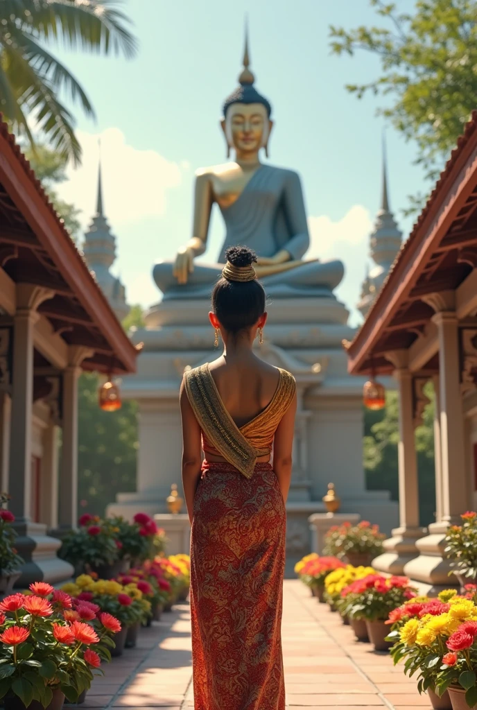 មាននារីម្នាក់ស្លៀកសំលៀកបំពាក់បុរាណខ្មែរ ឈរសំពះនៅមុខរូបសំណាក់របស់ព្រះអង្គព្រះពុទ្ធ នៅក្នុងបរិវេណវត្ត ដែលមានផ្ទៃមេឃជះពន្លឺ មានហំពណ៌ទៅដោយសួនផ្កា
