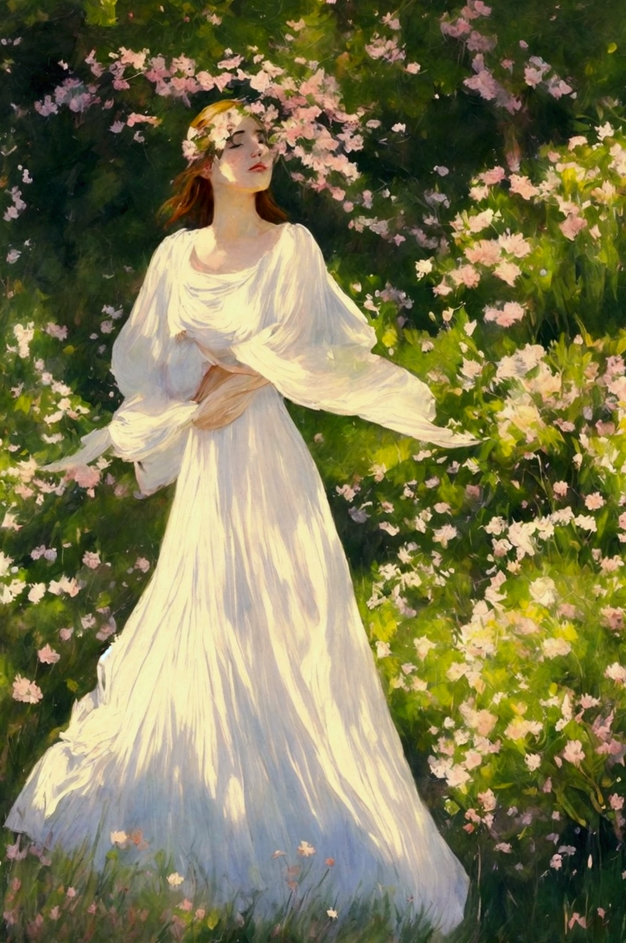 a beautiful girl in a serene garden, impressionist style landscape, vibrant colors, soft lighting, atmospheric mood, detailed facial features, elegant expression, graceful pose, lush foliage, blooming flowers, sun-dappled atmosphere, cinematic composition, ethereal and dreamlike