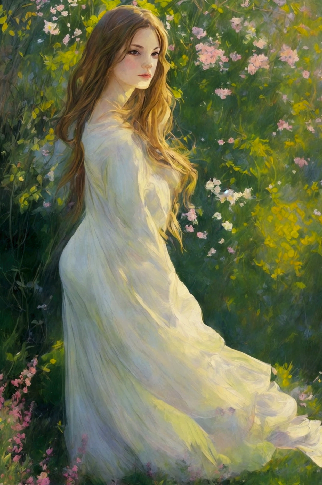 a beautiful girl in a serene garden, impressionist style landscape, vibrant colors, soft lighting, atmospheric mood, detailed facial features, elegant expression, graceful pose, lush foliage, blooming flowers, sun-dappled atmosphere, cinematic composition, ethereal and dreamlike