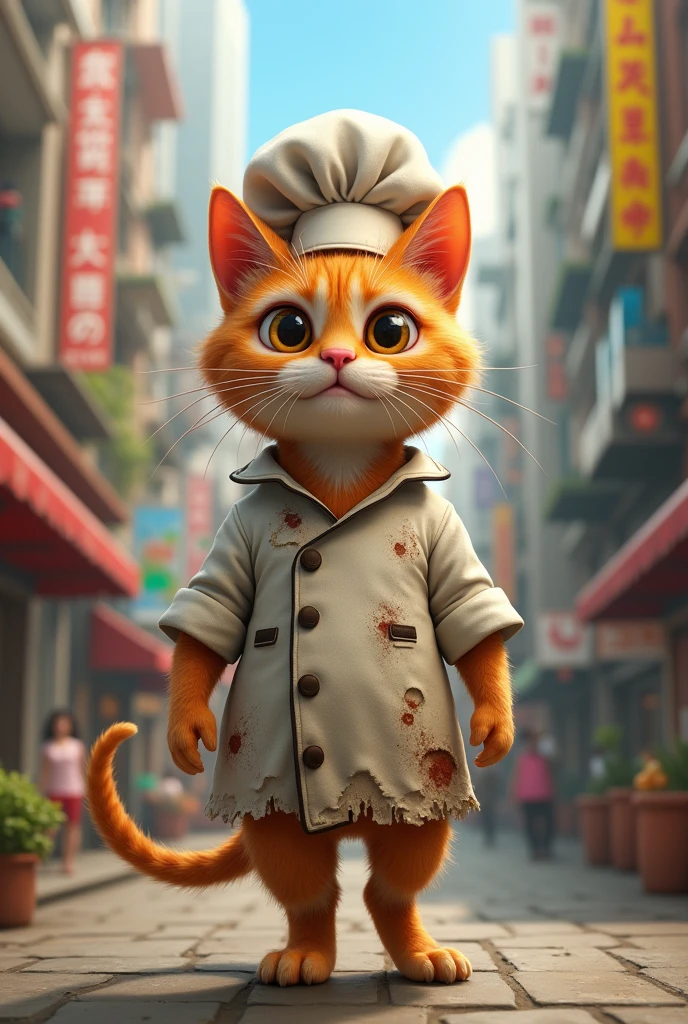 A cute close-up of an orange cat wandering around the city., kitchen, complicated details, ((Cat cooking)) ,Two-legged standing,Torn clothes, Walk on two legs,Intention,Chef Cat