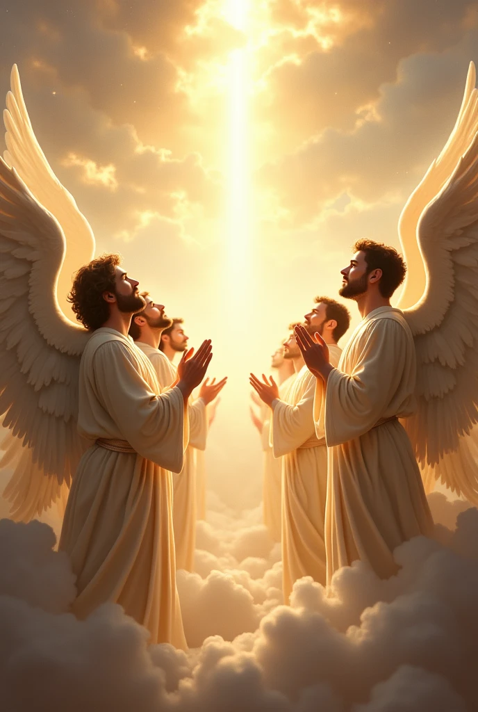 Several male angels in heaven worshiping God
 