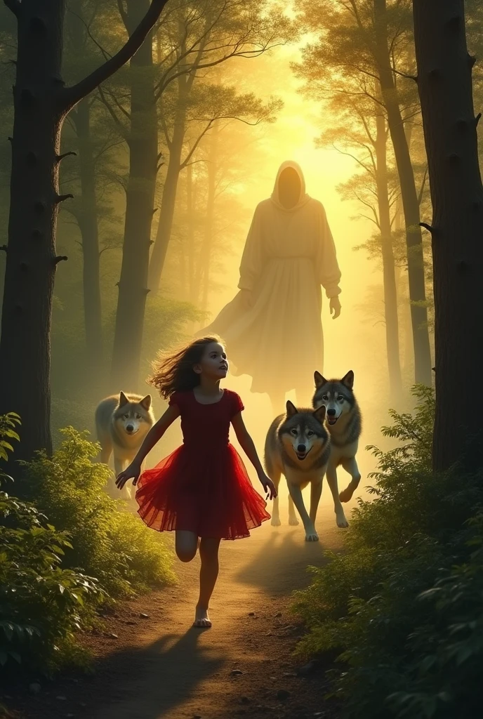 A clear, high-resolution image, like a Leonardo da Vinci painting, of a girl running in the forest, and wolves are following her in the middle of the forest, wearing a torn red dress, and fear in her eyes, the girl screams and asks for help, there in front of her there is a soft, yellow light in the depths between the trees, in the middle of it appears a strong man like a ghost, the shadow of a giant man, and scares the wolves, the wolves run away, .
Time, at sunset, picture perfect