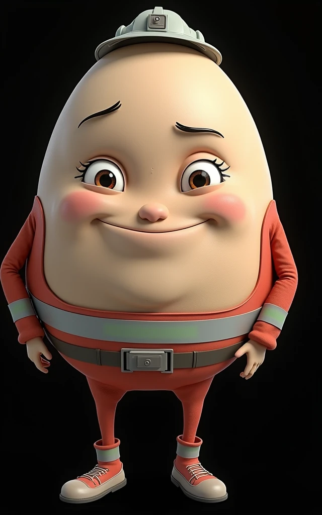 Humpty Dumpty from Dreamworks wearing a long-sleeved red safety jumpsuiut with green reflective stripe on the sleeves and legs, wearing a white safety helmet.