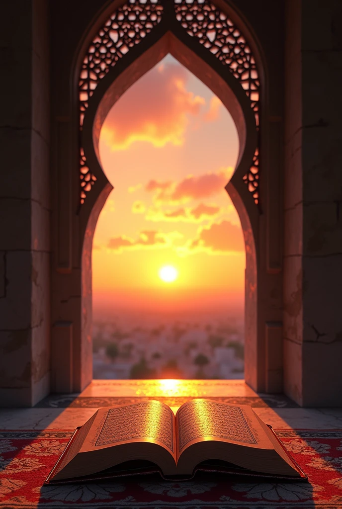 stone lattice windows passing sunset with Qur'an 