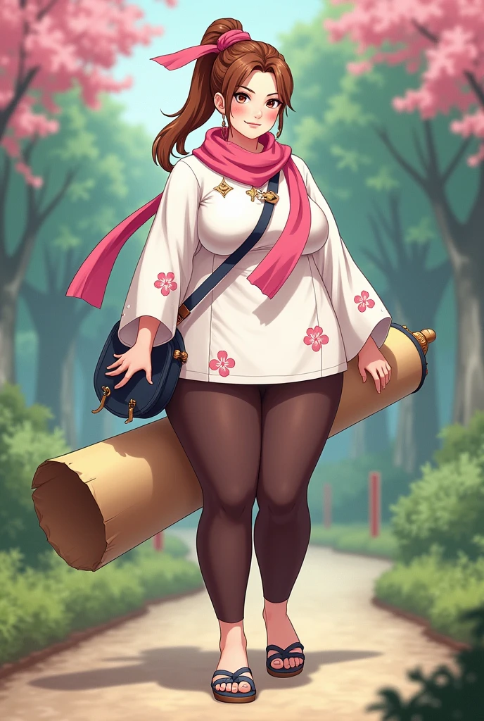 Create Naruto Oc that's a woman with a plump figure, standing at 155cm. Dressed in a white linen qipao adorned with cherry blossom patterns, she has paired it with espresso brown leggings and blue sandals. Her honey brown hair is styled in a ponytail with a pink ribbon, and she has a pink scarf tied in a bow around her neck. With hazel eyes, she carries an ink jug at her hip, a large calligraphy brush case roll behind her back, a small traveling bag, and a large scroll below her lower back.