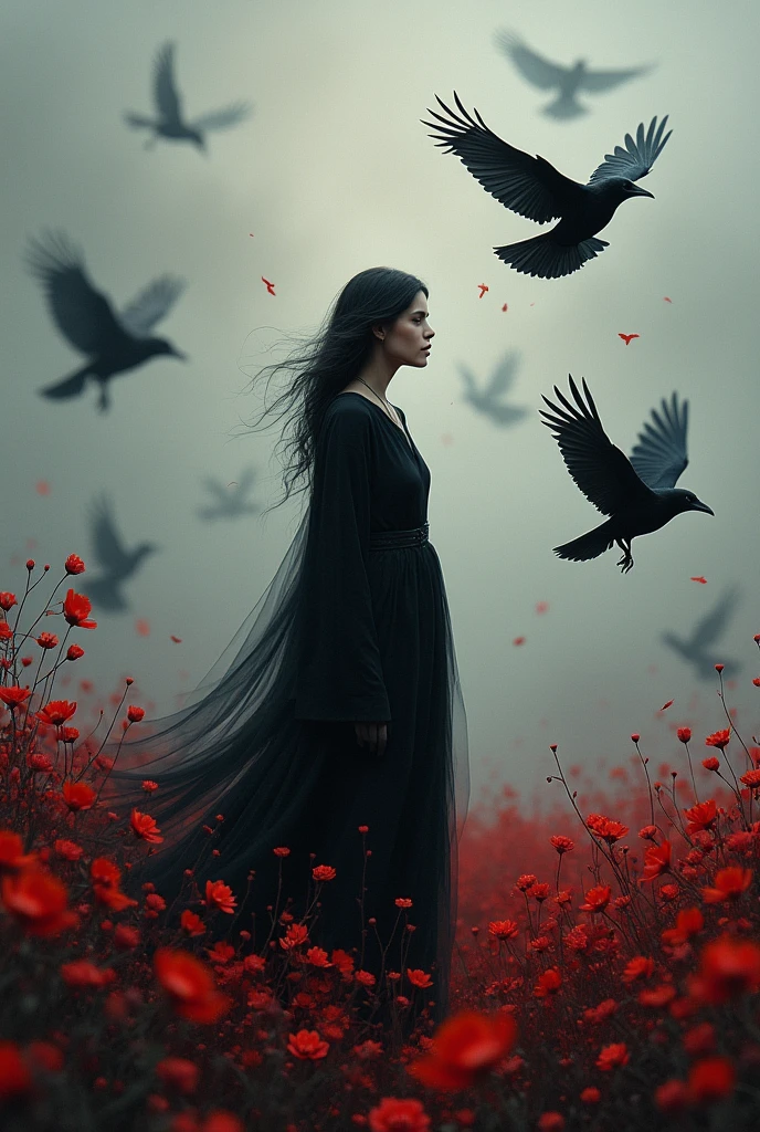 create a work of art inspired by death, with crows, a woman and Higanbana flowers