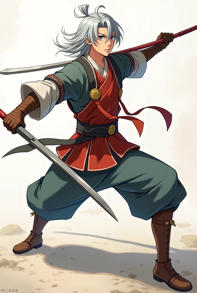A male anime character, Cao Cao, Scrawny, light-eyed and medium-length silver hair, wearing light leather armor, using a dagger and a spear