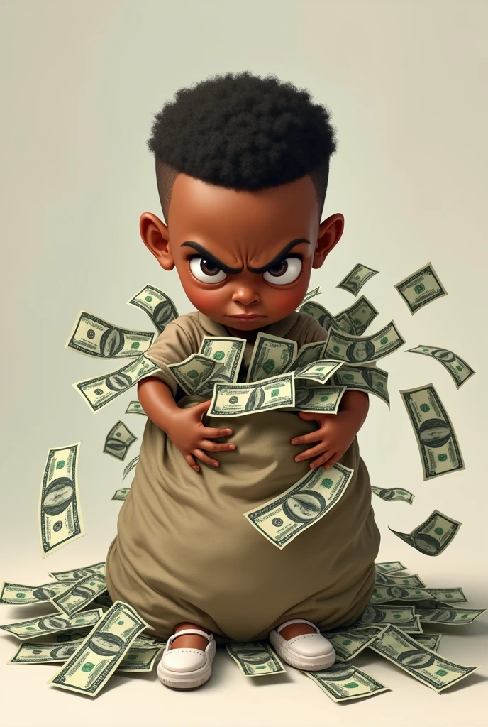  black child low side hair military style hair. no earring angry face holding a big bag of money, as if he couldn&#39;t handle all the money and money falling on the floor and running around wearing white flip-flops 