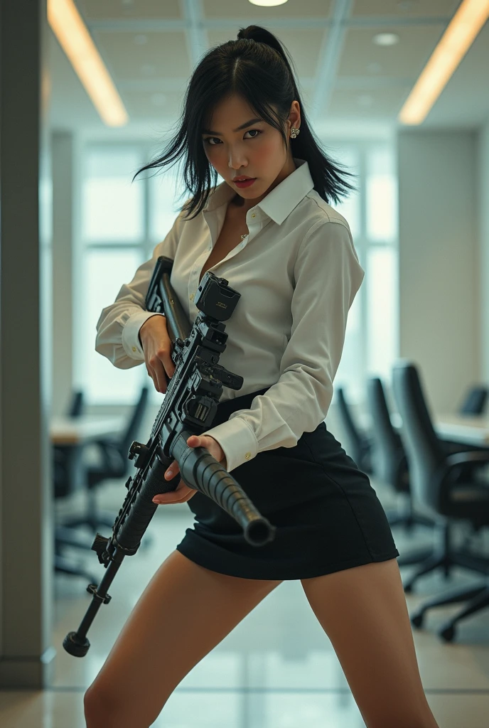 beautiful chinese office lady white shirt mini skirt realistic machine gun toting hip firing real person legs apart standing rampage shooting side facing angry expression
