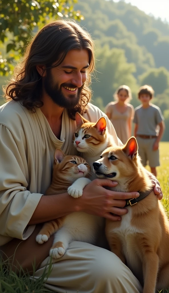 Jesus smiling hugging cats and crying dogs and in the background a family standing a man a woman one and one