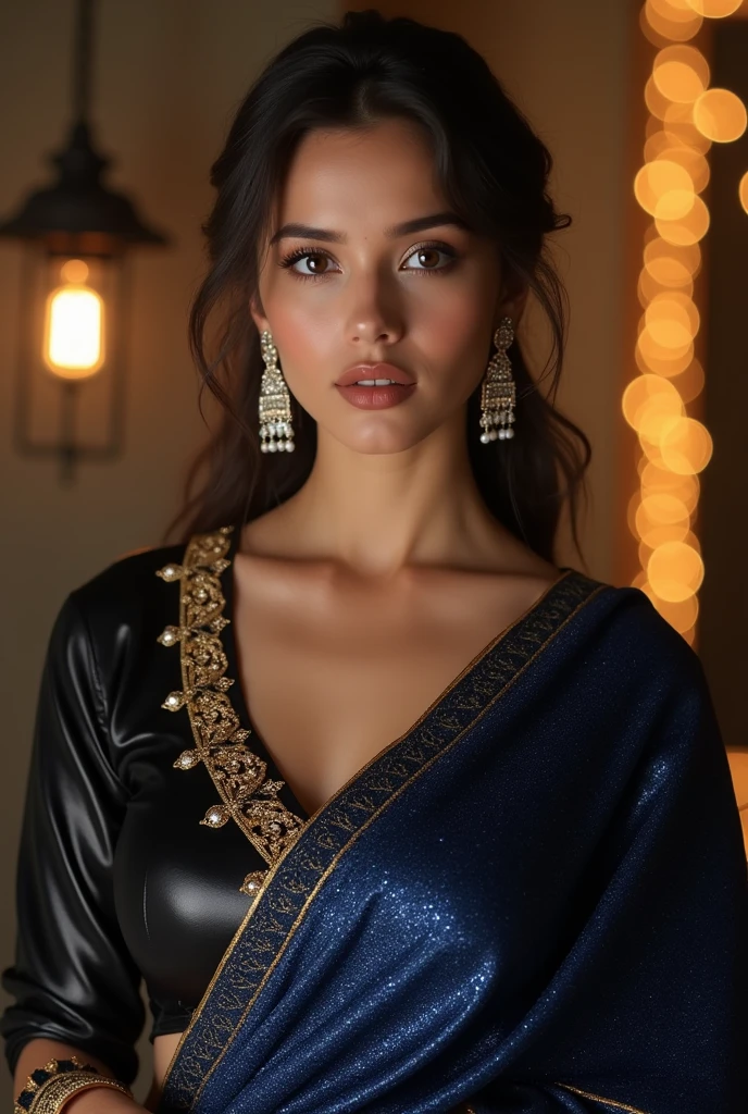 Girl party dress
Deep neck blouse with half hand stich black shiny blouse
Deep blue saree shiny sparkle
Diamond earing pearl in one ear
Half hair style with open hair