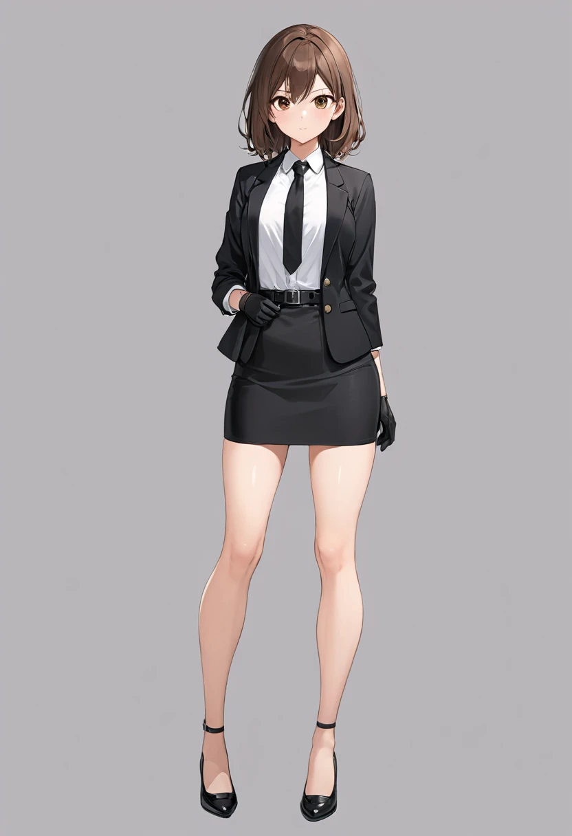 Black miniskirt , pencil skirt , black shoes ,whole body , thighs , brown hair , brown eyes , face , Black gloves , White shirt , black tie , button open blazer , standing posture , black belt , whole body샷 , bare legs