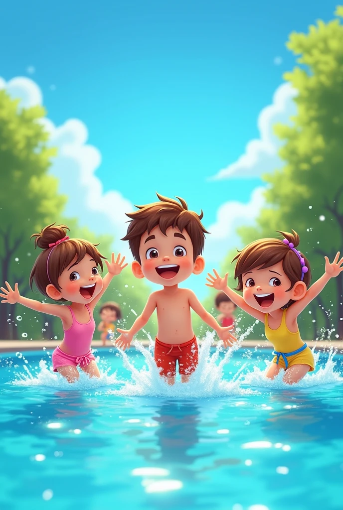 happy children playing in a swimming pool with a blue sky background