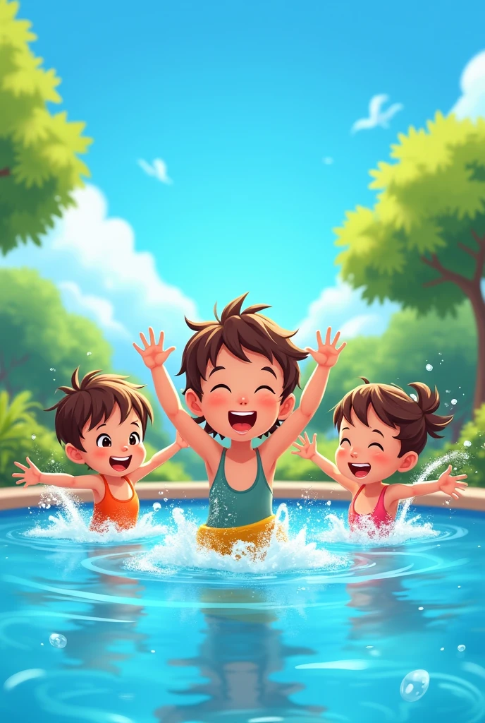 happy children playing in a swimming pool with a blue sky background