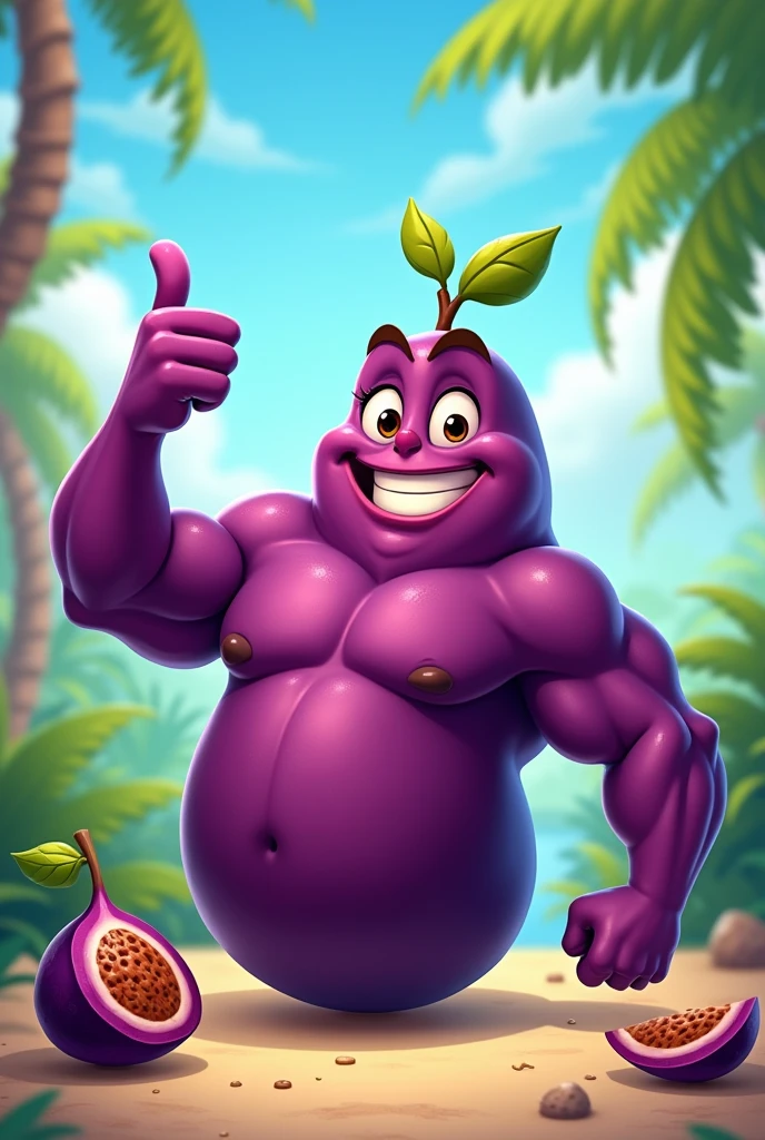I want the image of an animated açaí, a little muscular and giving a thumbs up