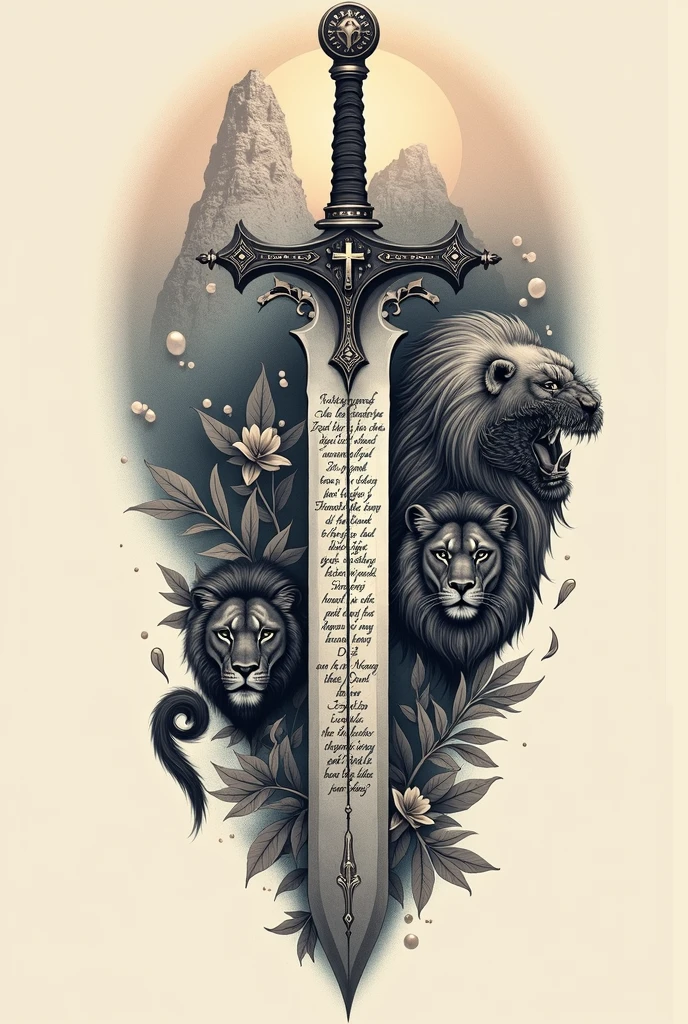 Tattoo Design Description Core Elements:

    elsword (ou elsword e Escudo)Translation:
        The sword is the central focus of the design.
        stylized details, SOM:
            Cross on the Cape.
            Marks that represent divine protection.

Verse:

    texto:
        "Blessed be the Lord, my rock, who trains my hands for battle and my fingers for war." (Salmo 144:1)
    The Distribution:
        Text can follow the contour of the sword blade.
        Parts of the verse can be highlighted with larger, more decorative fonts., while other more discreet ones adapt to the shape of the sword and shield.

Font and Style:

    Hotels in Cali or Classic:
        Choose an elegant and legible font.
        Calligraphic or old-style fonts for a sophisticated touch.
    Variety of Sizes:
        Words vary in length, with emphasis on the most important parts of the verse.

Adding details:

    Lion and Shield:
        The lion can be positioned next to the sword or shield.
        The shield can integrate the text or have it in a band around it.
    Rock and Cross:
        If you choose the rock, the text may appear carved into it.
        The cross can be a background detail or complementary.

Composition:

    Harmonia e FluxoTranslation:
        Text should flow with the contours of the elements, ensuring natural reading.
        The overall look should be cohesive, balancing all design elements.
