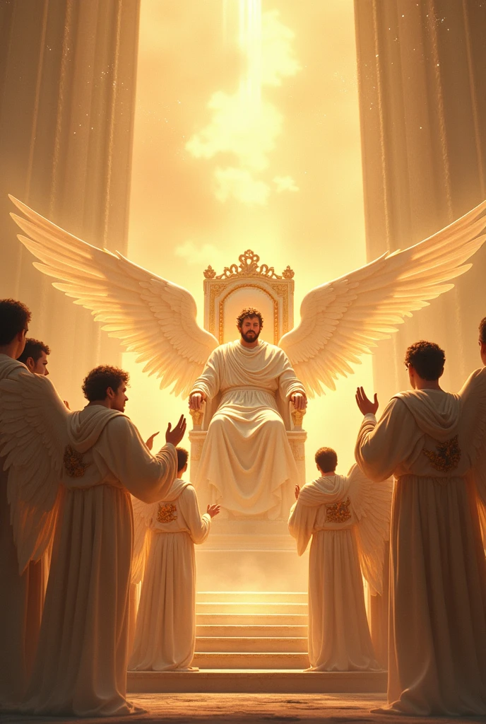 Several male angels in heaven worshiping God sitting on the throne