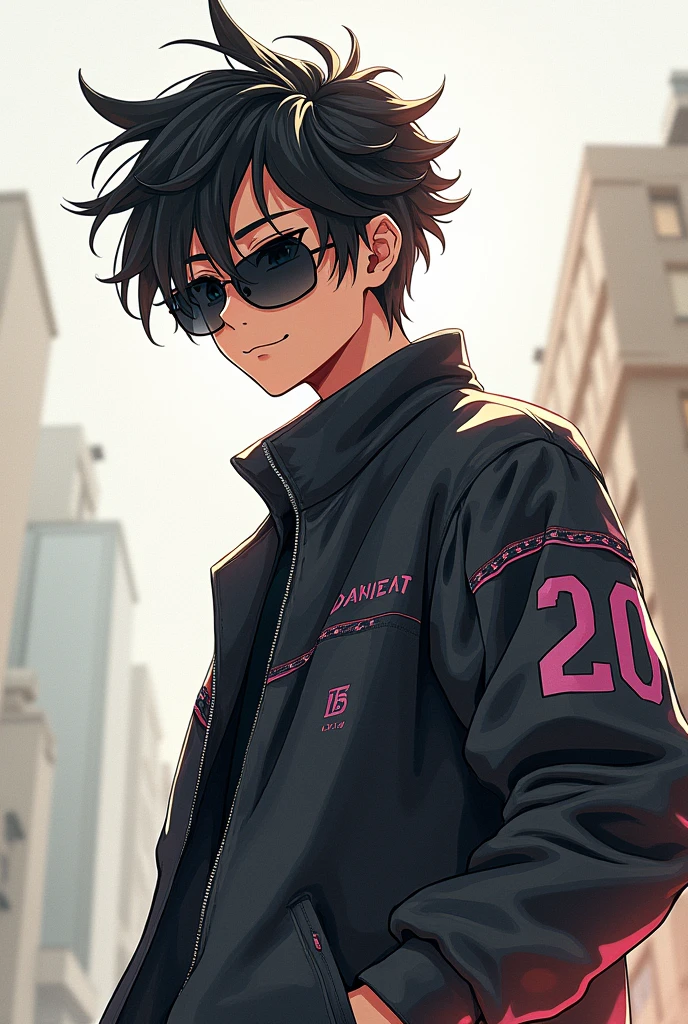 A anime 
boy character in Jacket and sunglasse in forward 
