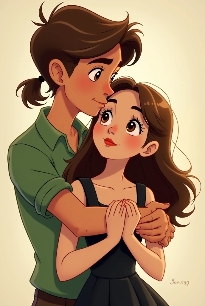 Create a couple of about 18 like a Disney-style cartoon , that the boy has semi-long brown hair tied back in a ponytail,if skin be to, be a little taller, brown eyes and have a green shirt . .the girl is brown-haired , no tattoos, brown eyes and wearing a black dress and the boy is in front and is hugging the girl from behind