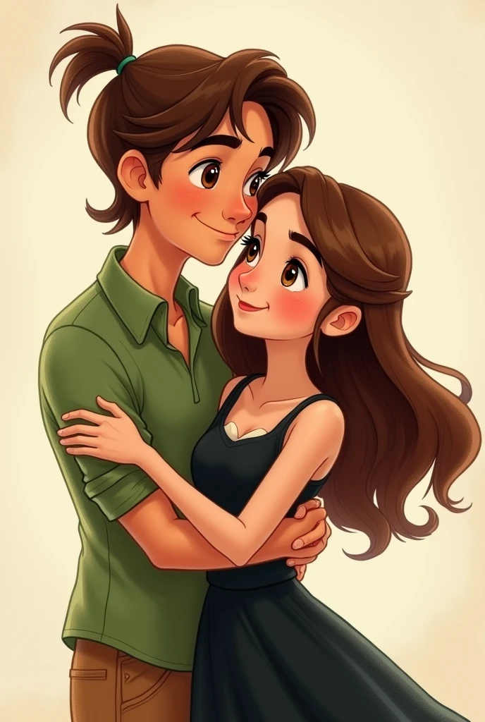 Create a couple of about 18 like a Disney-style cartoon , that the boy has semi-long brown hair tied back in a ponytail,if skin be to, be a little taller, brown eyes and have a green shirt . .the girl is brown-haired , no tattoos, brown eyes and wearing a black dress and the boy is in front and is hugging the girl from behind