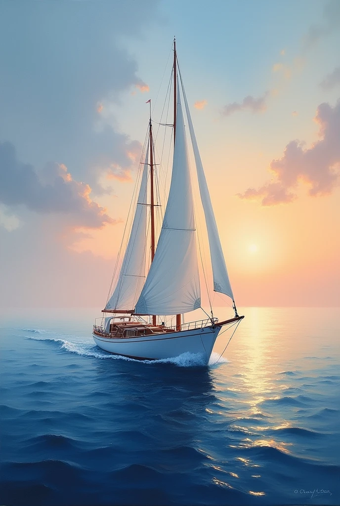 An acrylic painting of a sailing boat at sea at dusk