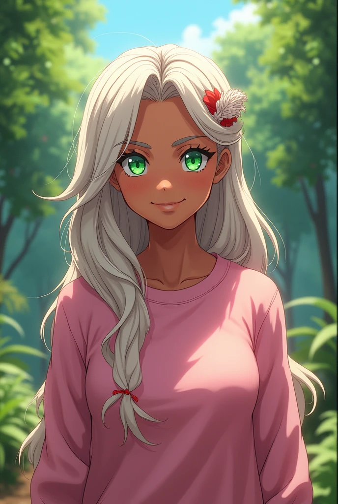 My Hero Academia Capture, anime. Indigenous ethnic woman, brown skin, white hair with red streaks, bright emerald green eyes, attractive and beautiful. Wearing a pink sweatshirt. Smiling with a calm and relaxed aura, head on, Looking down. Background of a forest during the day, clear weather