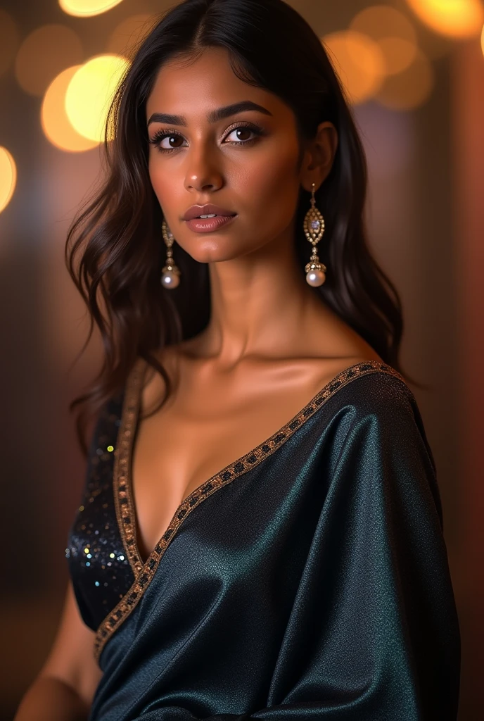 Girl party dress
Deep neck blouse with half hand stich black shiny blouse
Deep blue saree shiny sparkle
Diamond earing pearl in one ear
Half hair style with open hair