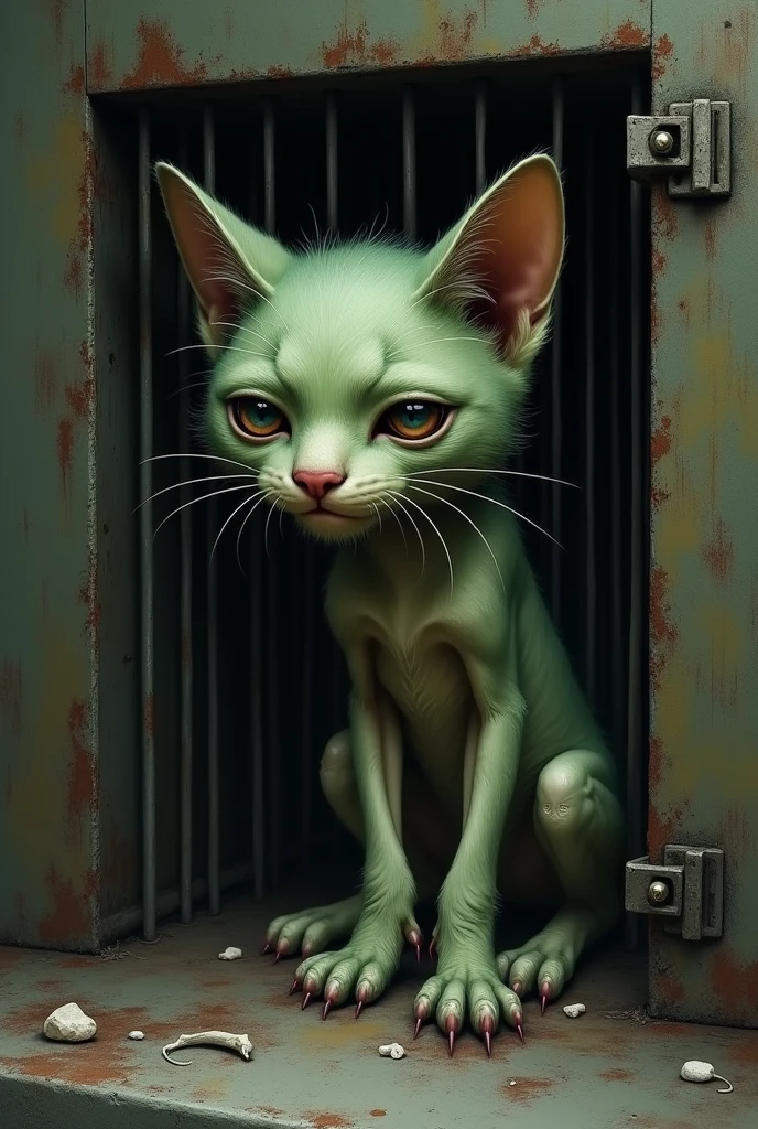  small little  poor sad green  cat crying in the cage 