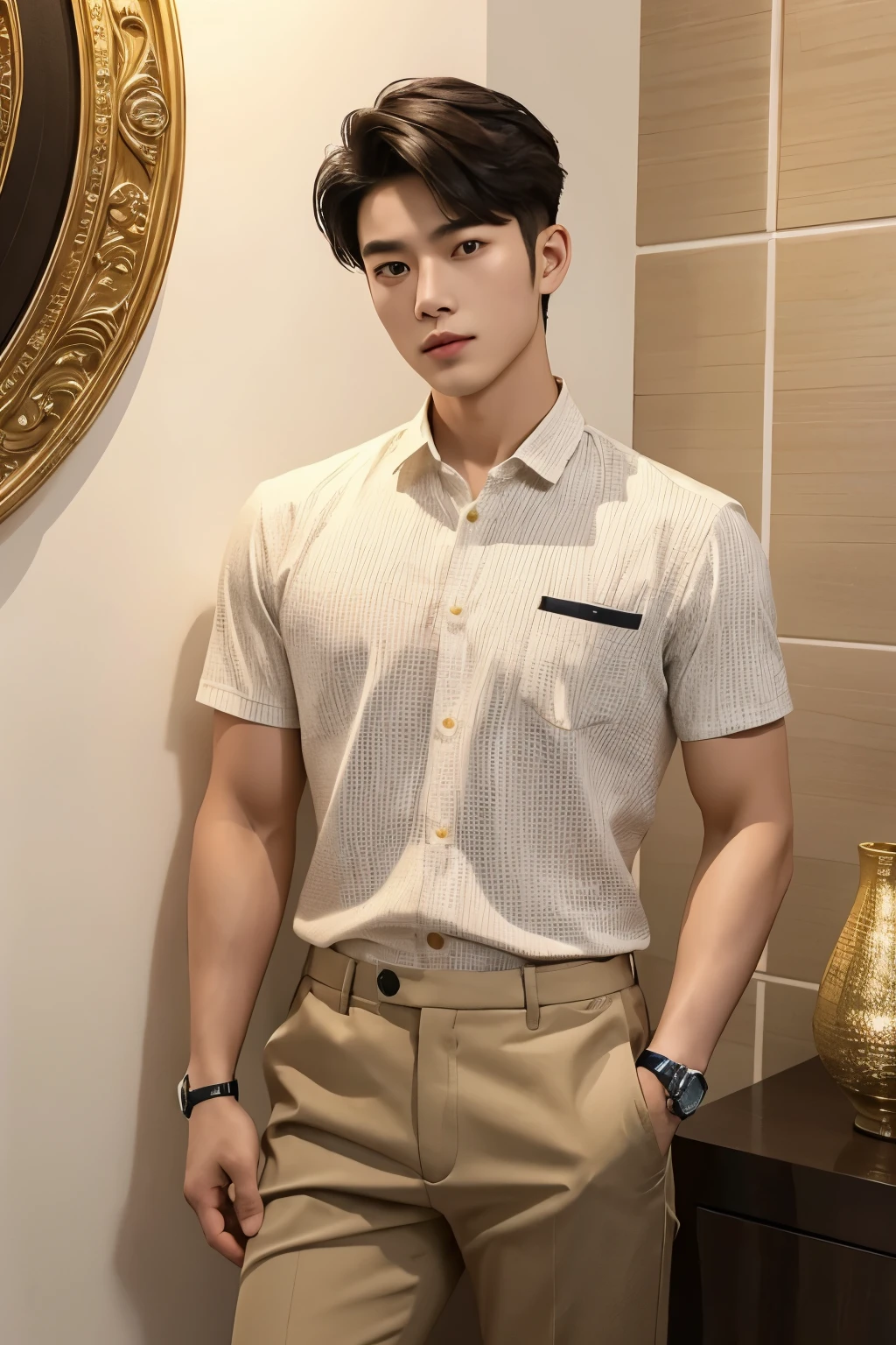 masterpiece, Best quality, realistic, a handsome Thai-Korean guy aged 20-25, dressed in a casual yet stylish outfit, wearing a prominently visible wristwatch. The outfit should be modern and elegant, with meticulous attention to detail in both the clothing and accessories. The wristwatch adds a touch of sophistication to his overall look
