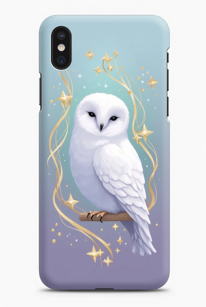  a light blue-light purple phone case with a white owl and golden stars around it 