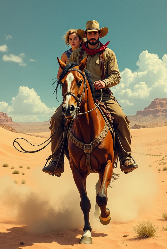 Hyperrealistic color comic from the 1950s in the middle of the desert, a cowboy and a cowgirl are riding a horse