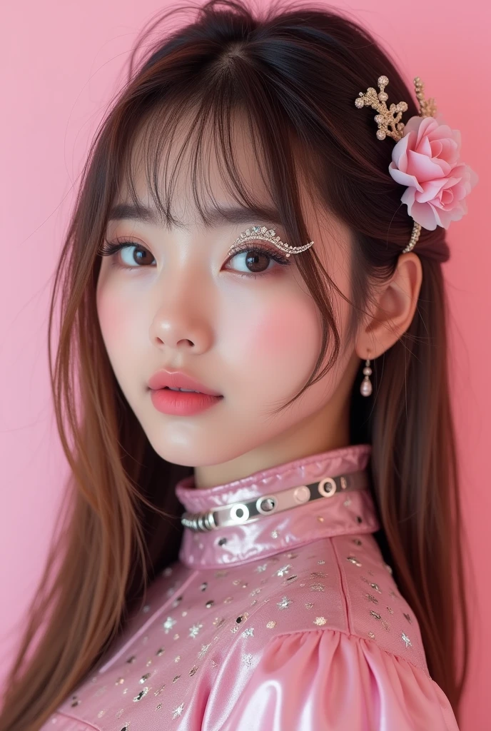 korean girl, prominent features of her face, enhancing her unique and captivating appearance like (idol) kpop, A photograph with straight long light brown hair with bangs flying hair to the right side, brown eyes, light metallic cyber y2k chrome eyeliner makeup accessory with metallic beads, light pink cyber y2k clothing, light pink fabric futuristic neckpiece, light pink metallic futuristic cyber y2k headpiece, light pink background, bloom effect, photorealism