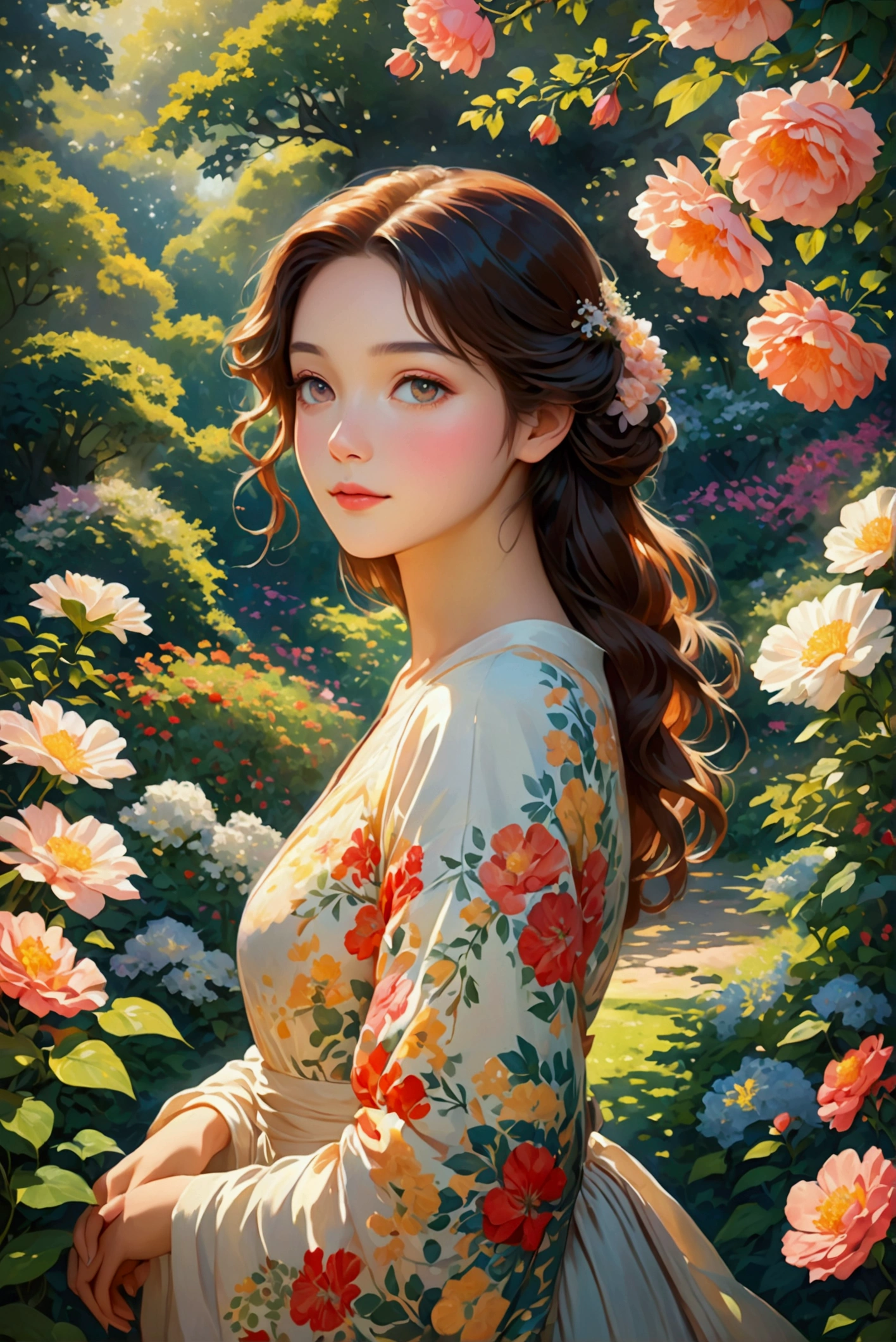 a beautiful girl in a serene garden, impressionist style landscape, vibrant colors, soft lighting, atmospheric mood, detailed facial features, elegant expression, graceful pose, lush foliage, blooming flowers, sun-dappled atmosphere, cinematic composition, ethereal and dreamlike