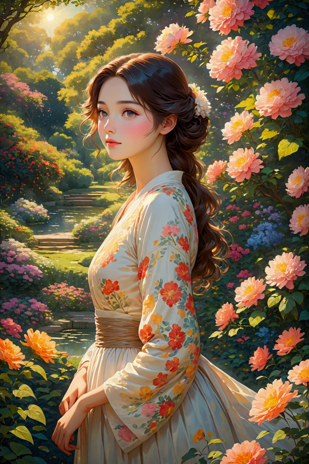 a beautiful girl in a serene garden, impressionist style landscape, vibrant colors, soft lighting, atmospheric mood, detailed facial features, elegant expression, graceful pose, lush foliage, blooming flowers, sun-dappled atmosphere, cinematic composition, ethereal and dreamlike